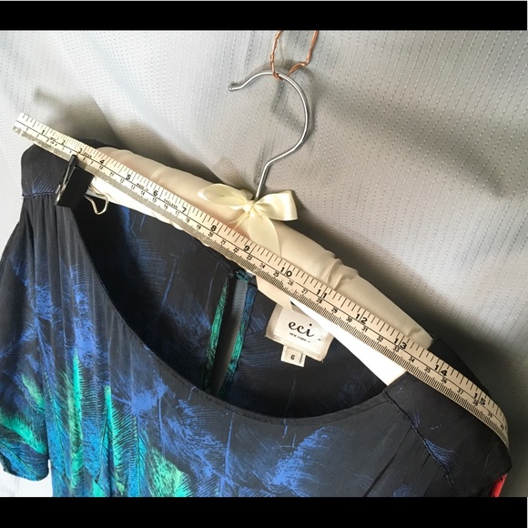 Silk Dress Blue/Green Feather Print Tie-Waist Dress - Picture 6 of 8